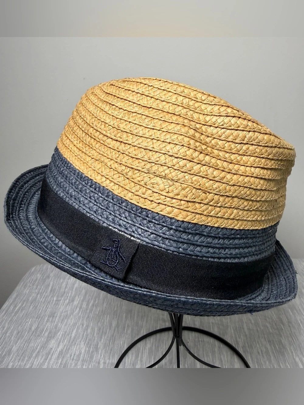 Original Penguin Two-Tone Natural Navy Straw Fedora Porkpie Summer Hat L/XL